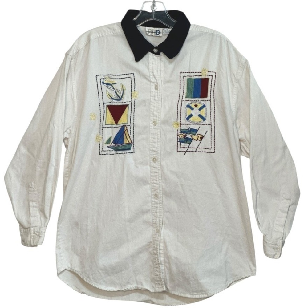 Paul Harris Design Corduroy Shirt Embroidered Nautical Vacation Womens White L
